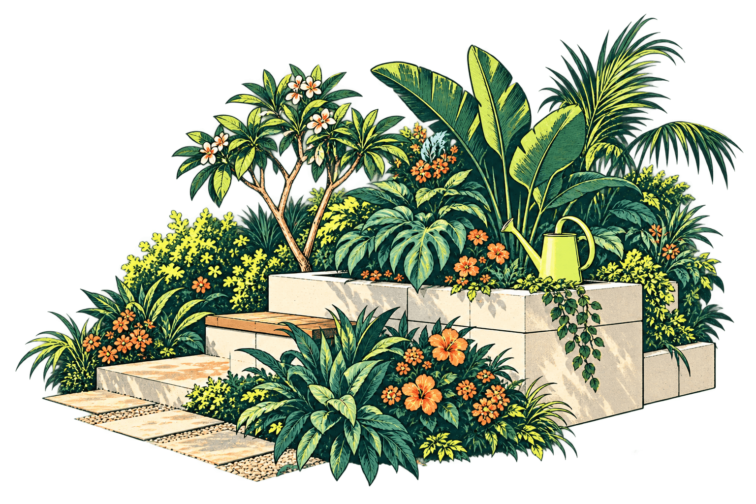 A sunlit courtyard garden behind a terrace home, with a table set beneath gum trees.