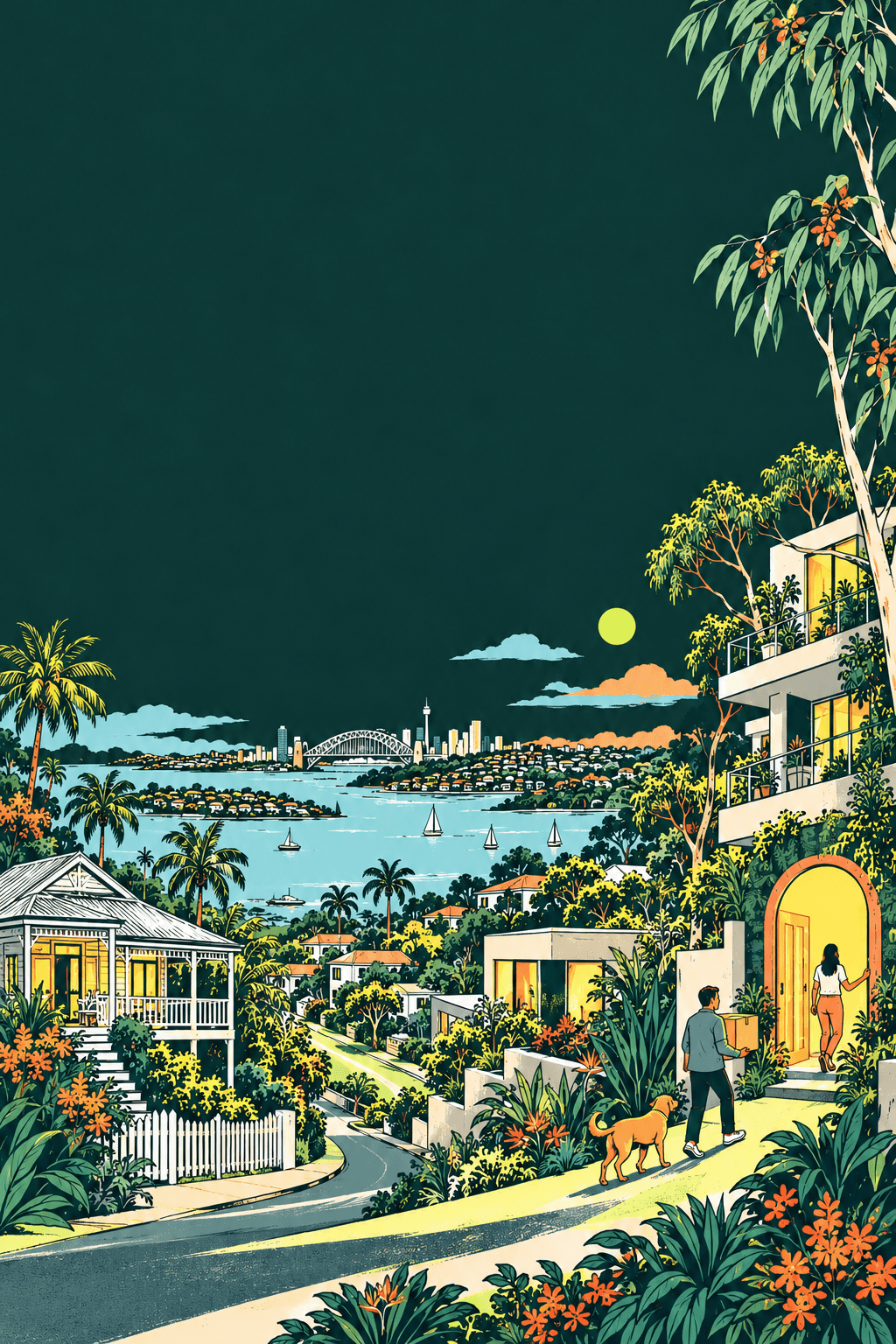 An illustrated Sydney street at dusk leading toward a glowing doorway, with the harbour beyond.
