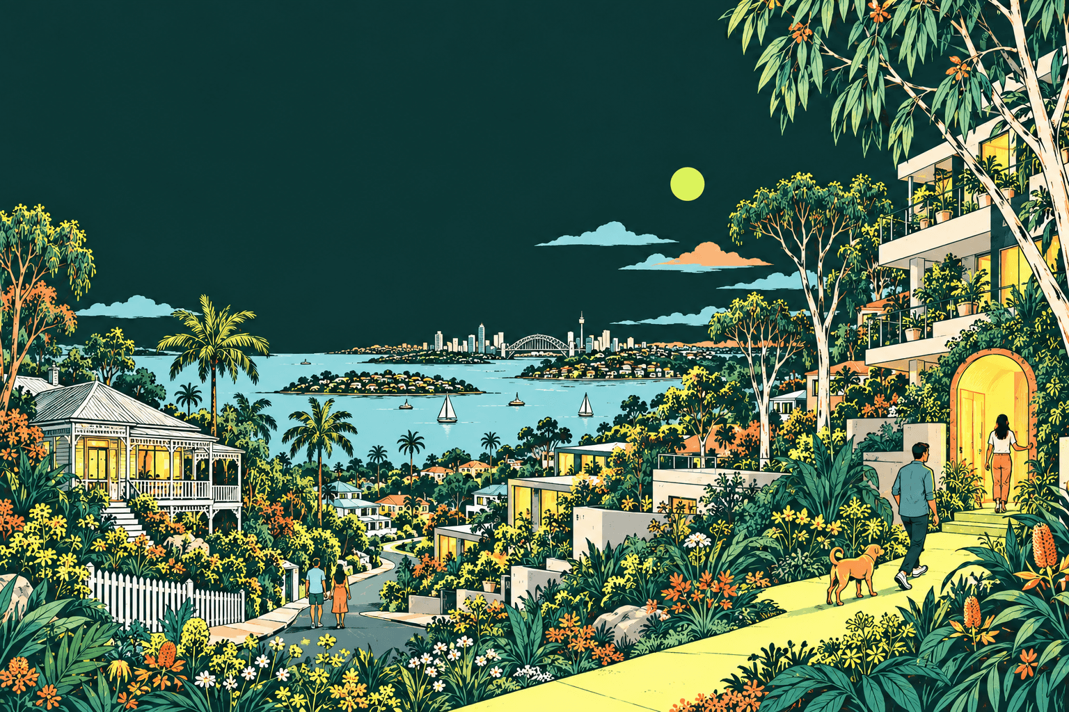 An illustrated Sydney neighbourhood at dusk, with homes among gum trees and the harbour beyond.
